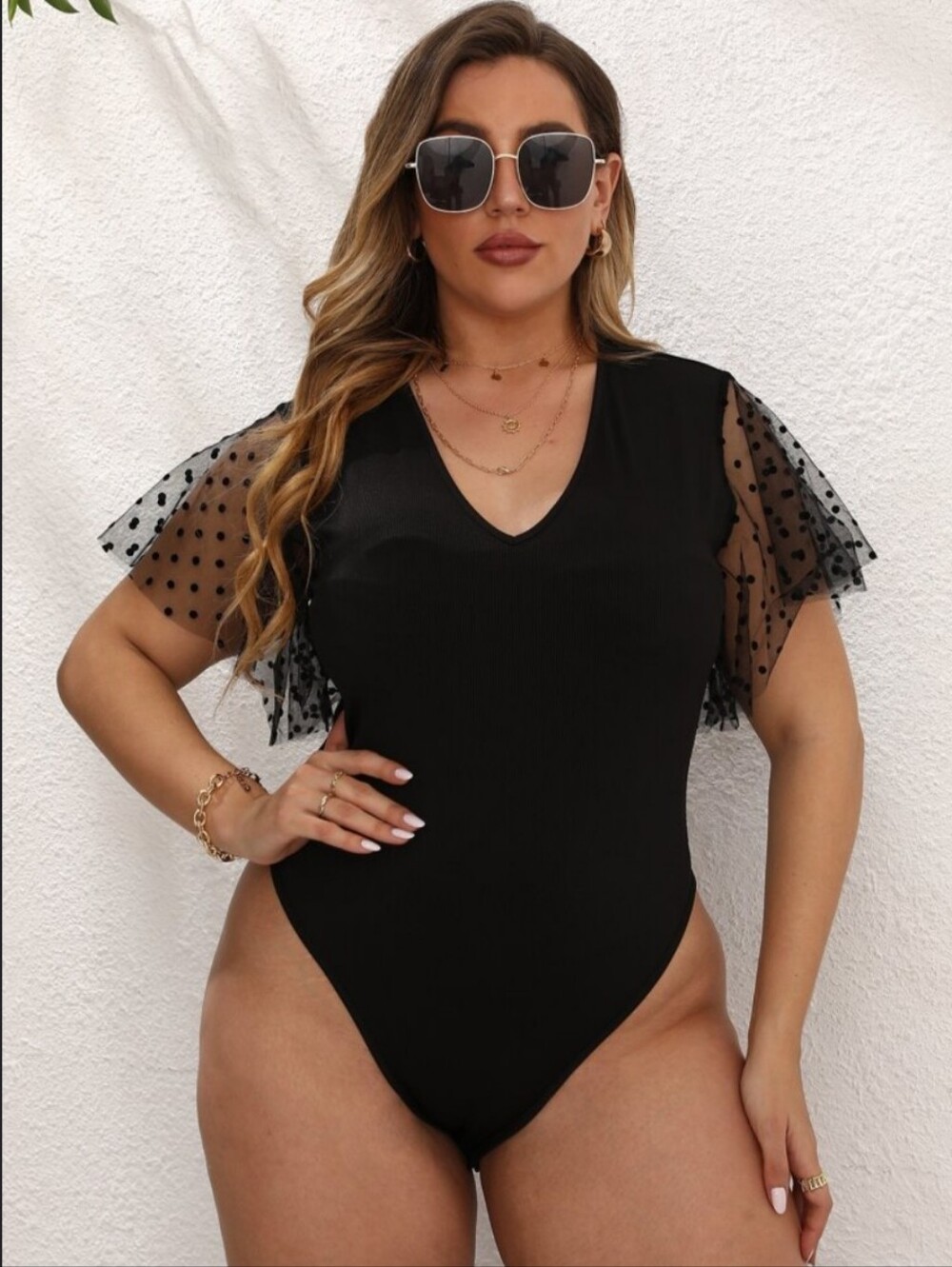 Polka Mesh Flutter Short Sleeve Ribbed V-neck Bodysuit